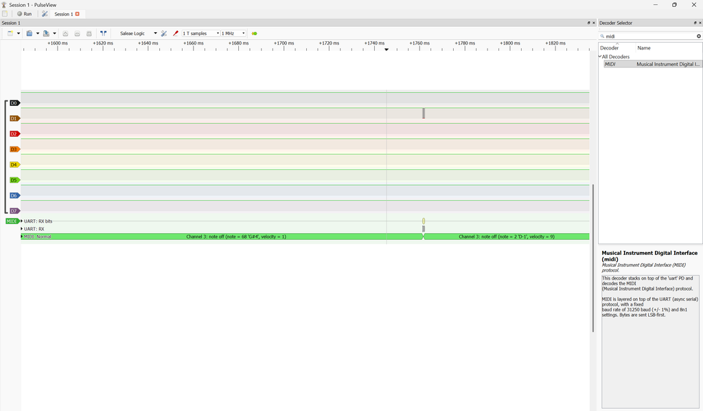 PulseView capture of MIDI data from the Korg B1 internal header